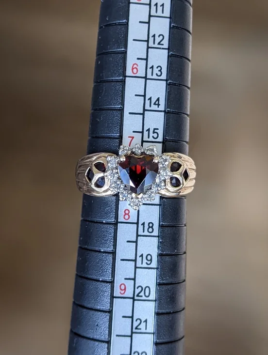 Antique 10K Gold Heart Cut Garnet Ring with Diamond Halo - Picture 14 of 14